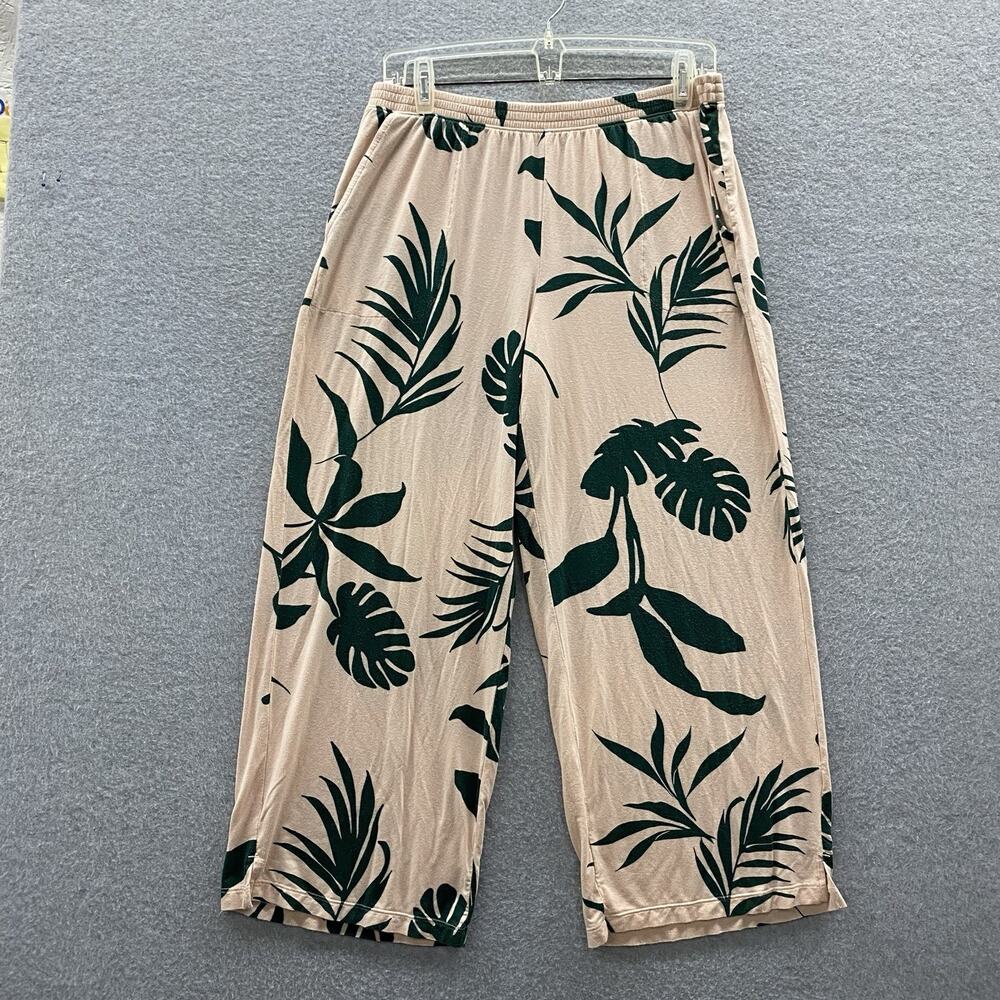 Soma Cool Nights Pajama Pants Women’s M Beige Green Tropical Leaf Wide Leg Crop